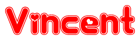 The image is a red and white graphic with the word Vincent written in a decorative script. Each letter in  is contained within its own outlined bubble-like shape. Inside each letter, there is a white heart symbol.