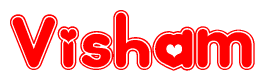 The image is a red and white graphic with the word Visham written in a decorative script. Each letter in  is contained within its own outlined bubble-like shape. Inside each letter, there is a white heart symbol.
