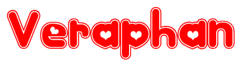 The image is a red and white graphic with the word Veraphan written in a decorative script. Each letter in  is contained within its own outlined bubble-like shape. Inside each letter, there is a white heart symbol.