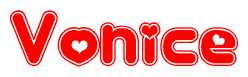 The image is a red and white graphic with the word Vonice written in a decorative script. Each letter in  is contained within its own outlined bubble-like shape. Inside each letter, there is a white heart symbol.
