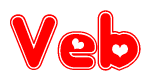 The image is a red and white graphic with the word Veb written in a decorative script. Each letter in  is contained within its own outlined bubble-like shape. Inside each letter, there is a white heart symbol.