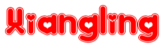 The image is a red and white graphic with the word Xiangling written in a decorative script. Each letter in  is contained within its own outlined bubble-like shape. Inside each letter, there is a white heart symbol.