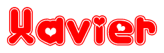 The image is a clipart featuring the word Xavier written in a stylized font with a heart shape replacing inserted into the center of each letter. The color scheme of the text and hearts is red with a light outline.
