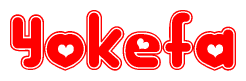 The image is a clipart featuring the word Yokefa written in a stylized font with a heart shape replacing inserted into the center of each letter. The color scheme of the text and hearts is red with a light outline.