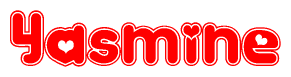 The image is a red and white graphic with the word Yasmine written in a decorative script. Each letter in  is contained within its own outlined bubble-like shape. Inside each letter, there is a white heart symbol.