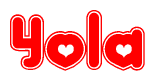 The image is a red and white graphic with the word Yola written in a decorative script. Each letter in  is contained within its own outlined bubble-like shape. Inside each letter, there is a white heart symbol.