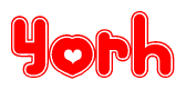 The image is a red and white graphic with the word Yorh written in a decorative script. Each letter in  is contained within its own outlined bubble-like shape. Inside each letter, there is a white heart symbol.