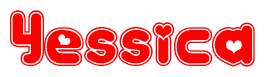 The image is a red and white graphic with the word Yessica written in a decorative script. Each letter in  is contained within its own outlined bubble-like shape. Inside each letter, there is a white heart symbol.