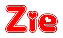 The image displays the word Zie written in a stylized red font with hearts inside the letters.