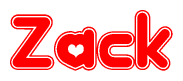 The image is a red and white graphic with the word Zack written in a decorative script. Each letter in  is contained within its own outlined bubble-like shape. Inside each letter, there is a white heart symbol.