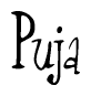 The image is of the word Puja stylized in a cursive script.