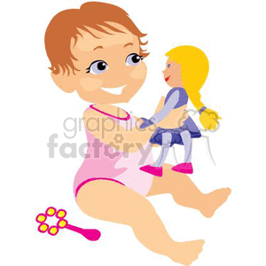 A Smiling Baby Girl Sitting in a Pink Swim Suit Playing with a Girl Doll clipart.
