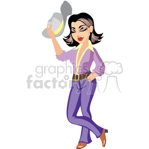 A Cowgirl Wearing a Purple Shirt and Jeans Waiving her Hat