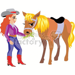 A Cowgirl Wearing Red Boots and a Purple Shirt Feeding her Brown Horse clipart. Commercial use image # 368991