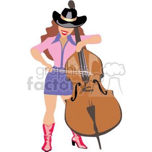 A Cowgirl Wearing Pink Boot and a Blue Skirt Playing a Base clipart. Commercial use image # 368996