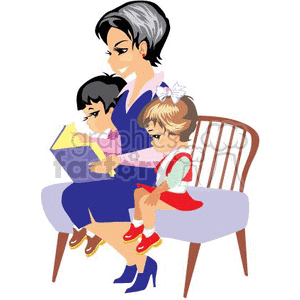 A Woman Reading a Story with Two Small Children clipart.