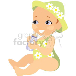 A Baby Girl Sitting in a Green Flowered Swim Suit Holding her Bottle Laughing clipart.