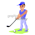 This clipart image features a person playing golf. The person is dressed in sporty attire with a blue cap, sleeveless top, and white pants. They are in a stance that suggests they are about to swing the golf club at a golf ball placed on a tee on the ground.