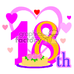 This clipart image features the number 18 in large, bold, yellow numerals, symbolizing an 18th birthday. The number is adorned with decorative elements such as a pair of pink hearts forming a part of the digit 8, smaller hearts scattered around, and a pink th positioned at the top right to denote 18th. At the base of the number 18, there is a small depiction of a birthday cake with pink roses on its top.
