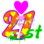 The clipart image shows a colorful number 21 with a pattern of hearts and dots, a large pink heart above, and the suffix st in green, indicating 21st. Below the number, there's a small bouquet of flowers with green stems and pink and yellow blossoms.