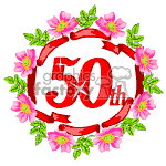 The clipart image features a floral wreath with pink flowers and green leaves encircling a red circular banner. Within the banner, the number 50 is prominently displayed with the th suffix raised to the upper right, symbolizing a 50th anniversary or birthday celebration.