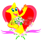 The clipart image shows a stylized figure that resembles the number 1 with a face and limbs, waving and holding a bouquet of flowers, set against a large pink heart in the background. The figure and heart are surrounded by a whimsical design, possibly suggesting a celebratory or festive occasion.