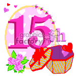 The image is a colorful animated clipart that features the number 15th in large, pink numerals, suggesting a 15th birthday celebration. Behind the number is a pale pink circle, possibly representing a balloon. Small pink hearts and green decorative elements, perhaps confetti, are scattered around the number. To the right, there's an open gift box with a lid slightly ajar, showing that it's empty and adorned with a red ribbon and bow. Below the number 15, there is a cluster of pink flowers, which adds to the festive and celebratory theme of the image.