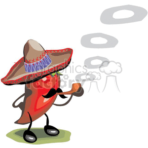 clipart - red habanero chile pepper smoking wearing a sombrero.