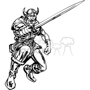 The clipart image depicts a Viking warrior in a dynamic pose. The warrior is wearing a horned helmet and is equipped with armor. He is wielding a long sword and appears to be in the midst of a charge or battle.