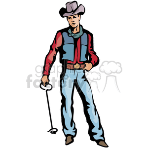 clipart - A Cowboy in a Blue Vest Holdign a Branding Iron.