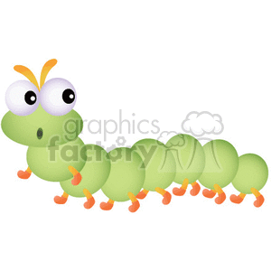 The clipart image depicts a cartoonish centipede with big eyes, that is cute and funny. It is a vector graphic, which means it can be resized without losing quality. The worm has a shocked-looking face, and big eyes. 