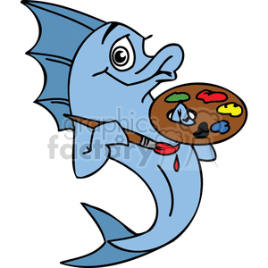 clipart - a blue fish with a paint brush and palet.