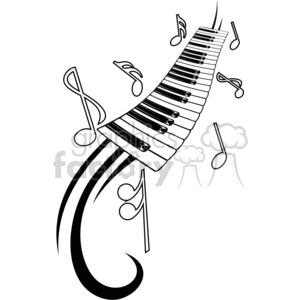 The clipart image is a black and white vector design of a music-themed tattoo. The design features various music notes and keyboard arranged in a decorative pattern.