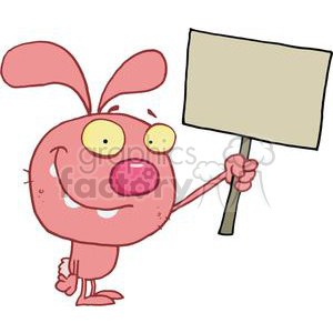 A yellow bug eyed pink rabbit hold up sign