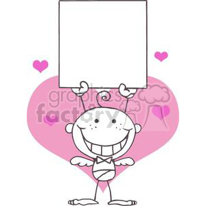 Cartoon Stick Cupid With Blank Banner In Front Of A Light Pink