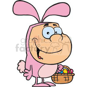 Kid In The  Easter BunnyCostume Holding A Basket Of Easter Eggs clipart.