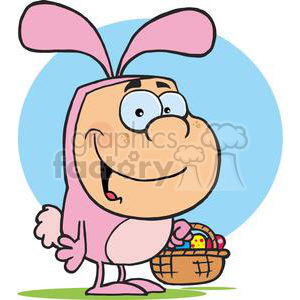 clipart - A Happy Kid In The Pink Easter Bunny Suit Holding A Basket Of Eggs.