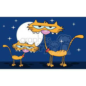 Kitten and a cat at night in front of moon and stars clipart.