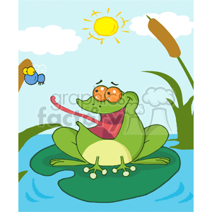 Cartoon Frog Catching Fly Scene clipart.