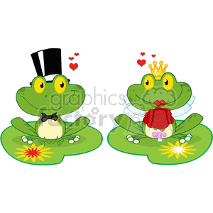 Cartoon-Bride-and-Groom-Frogs-Characters-on-lilypads clipart. Royalty-free image # 381855