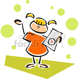 Whimsical cartoon little girl with an A assignment