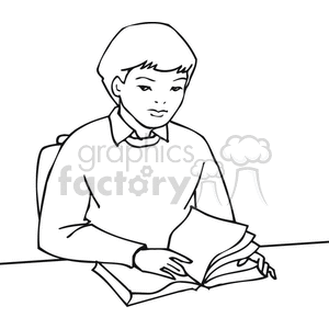 Black and white outline of a student reading a book clipart.