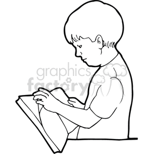 Black and white outline of a boy thumbing through a book
