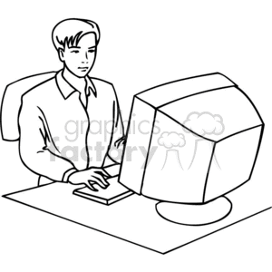 Black and white student working on a computer  clipart.
