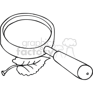 Black and white outline of a magnifying glass and leaf