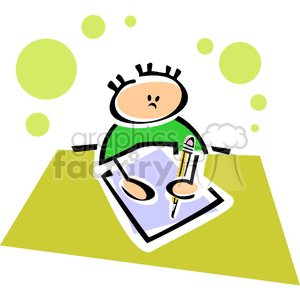 education cartoon back to school kindergarten writing tools paper supplies table student study sitting spiked hair boy whimsical cute fun