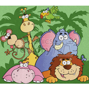 The clipart image shows a group of cartoon jungle animals, including a monkey, a lion, a giraffe, an elephant, a zebra, and a parrot. The characters are depicted in a humorous style and are designed as vector graphics. There are palm trees and bushes behind them