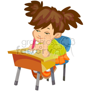 The clipart image shows a classroom setting with a school girl sitting at her desk, engaged in various school-related activities. She is shown writing, studying, or doing homework. The image depicts a typical scene from a school environment, indicating the start of a new academic year (
