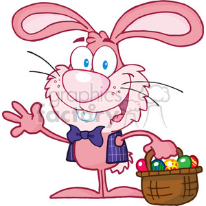 clipart - Royalty-Free-RF-Copyright-Safe-Waving-Pink-Bunny-With-Easter-Eggs-And-Basket.