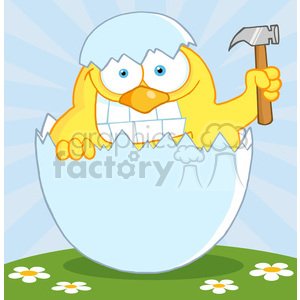 4760-Royalty-Free-RF-Copyright-Safe-Yellow-Chick-With-A-Big-Toothy-Grin-Peeking-Out-Of-An-Egg-Shell-With-Hammer clipart. Royalty-free image # 384521
